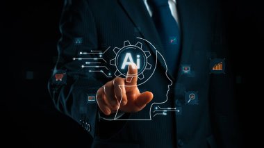 Yapay zeka mühendisliği, büyük veri ve yapay zeka makinesi kavramında yapay zeka beyin işlemcisiyle iş desteği için üretken yapay zeka kullanmayı öğrenen insan etkileşimi. Kullanıcı Kimliği