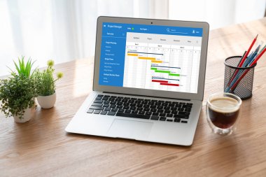 Ekip projesinin zaman çizelgesini gösteren bilgisayar ekranında, modern iş projesi yönetimi için proje planlama yazılımı