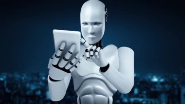 Future financial technology controll by AI robot huminoid uses machine learning and artificial intelligence to analyze business data and give advice on investment and trading decision . 3D rendering .