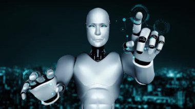 Future financial technology controll by AI robot huminoid uses machine learning and artificial intelligence to analyze business data and give advice on investment and trading decision . 3D rendering .