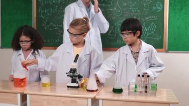 Amerikalı bir kız renkli sıvıyı incelerken erkek beher içine solüsyon döker. Enerjik öğrenci, öğretmenler çocukları keşfederken ve yenilikleri keşfederken arkadaşının deney yapmasına destek oluyor. Pedagoji.