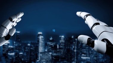 Gelecekçi robot yapay zeka yapay zeka yapay zekayı aydınlatıyor ve makine öğrenme kavramını geliştiriyor. İnsan hayatının geleceği için küresel robot zinciri bilimi araştırması. 3B görüntüleme grafiği.