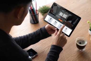 blogging concept, web blog Social Media Information network snugly. social media online content, freelance worker, working online, content creator, blogger, website, reading blog online on computer