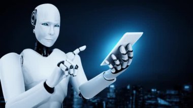 Robot hominoid use mobile phone or tablet for big data analytic using AI thinking brain , artificial intelligence and machine learning process for the 4th fourth industrial revolution . 3D rendering.