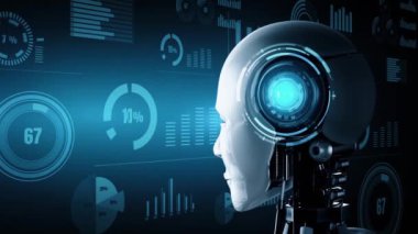 Future financial technology controll by AI robot huminoid uses machine learning and artificial intelligence to analyze business data and give advice on investment and trading decision . 3D rendering .