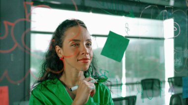 Genç İspanyol çalışanlar renkli yapışkan notlar yazıyorlar. Akıllı iş kadını pazarlama fikrini, beyin fırtınası stratejisini, iş planını paylaşıyor. Proje yöneticisi zihin haritası çiziyor. - Yakın çekim. Yönlendirici.