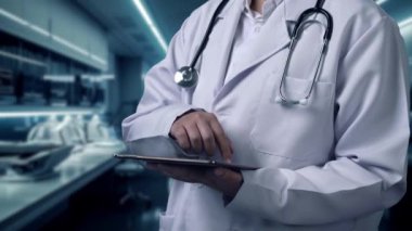 Laboratuvarda geçmişi bulanık bir şekilde duran beyin hologramıyla elinde tablet bulunan tıbbi işçilere yakın çekim. Doktor beyin araştırmalarında hasta semptomlarını kontrol ediyor. Teknoloji. İyileştirici.