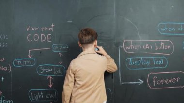 Akıllı çocuğun karatahtaya mühendislik komut yazması. Çekici mutlu öğrenci BTMM teknoloji sınıfında kodlama ve programlama sistemi kullanarak bir proje planlıyor. - Yakın çekim. Etkinlik.