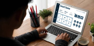 Smart home technology, centric remote control system with digital dashboard for air conditioning, safety security network or house automation. App software, ui panel programming IOT monitor snugly