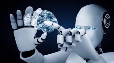 Robot hominoidler 4. Sanayi Devrimi için yapay zeka, yapay zeka ve makine öğrenme kavramında HUD hologram ekranı bulundururlar. 3B görüntüleme.