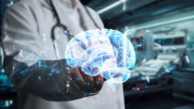 Beyin anatomisi hologramına bakan zeki doktorların laboratuvarda bulanık bir geçmişi var. Beyin rahatsızlığı teşhisi konurken beyin taramasını yapan bir tıp çalışanı. Teknoloji. İyileştirici.