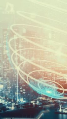 Gelecekteki bina inşaatı ve HUD hologram grafik tasarımı ile yaratıcı mühendislik projesi konsepti. İnşaat mühendisi, mimar ya da inşaat işçisi modern sivil teknoloji ile çalışıyor..