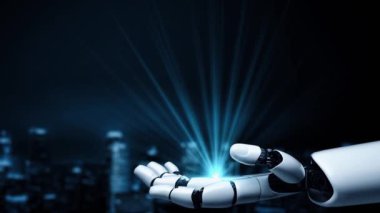 Gelecekçi robot yapay zeka yapay zeka yapay zekayı aydınlatıyor ve makine öğrenme kavramını geliştiriyor. İnsan hayatının geleceği için küresel robot biyonik bilim araştırması. 3B görüntüleme grafiği.
