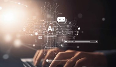 Yapay zeka sanal asistanı Chatbot ile yapay zeka konsepti ile insan etkileşimi, yapay zeka mühendisliği, LLM yapay zeka derin öğrenimi iş desteği için üretken yapay zeka kullanımı. EIDE