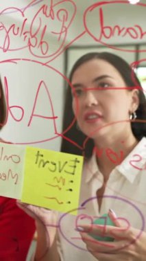 Yaratıcı iş adamları, modern toplantı odasındaki renkli yapışkan notları yazarak projeyi başlatma ve pazarlama fikrini paylaşıyorlar. Birlikte çalışmak. Tertemiz..