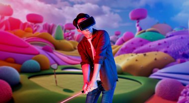 Metaverse 'te golf oynarken VR gözlük takan yetenekli bir oyuncu ya da mor gökyüzü olan golf sahası. Simülasyon dünyasına girerken spor yapan çekici bir golfçü ya da sporcu. Yaratıcılık.