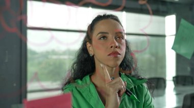 Genç İspanyol çalışanlar renkli yapışkan notlar yazıyorlar. Akıllı iş kadını pazarlama fikrini, beyin fırtınası stratejisini, iş planını paylaşıyor. Proje yöneticisi zihin haritası çiziyor. - Yakın çekim. Yönlendirici.