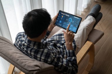 Smart home technology, centric remote control system with digital dashboard for air conditioning, safety security network or house automation. App software, ui panel programming IOT monitor snugly