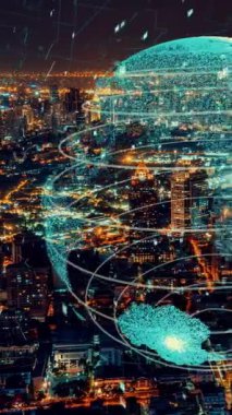 Akıllı şehirde küresel bağlantı ve internet ağı modernizasyonu. Gelecekteki 5G kablosuz dijital bağlantı ve sosyal medya ağı kavramı .