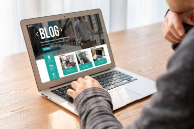 blogging concept, web blog Social Media Information network snugly. social media online content, freelance worker, working online, content creator, blogger, website, reading blog online on computer