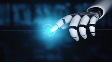 Gelecekçi robot yapay zeka yapay zeka yapay zekayı aydınlatıyor ve makine öğrenme kavramını geliştiriyor. İnsan hayatının geleceği için küresel robotik blok zincir bilimi araştırması. 3B görüntüleme grafiği