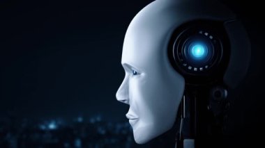 Futuristic robot artificial intelligence huminoid AI data analytic technology development and machine learning concept. Global robotic bionic science research for future of human life. 3D rendering.