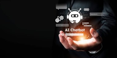 Yapay zeka sanal asistanı Chatbot ile yapay zeka konsepti ile insan etkileşimi, yapay zeka mühendisliği, LLM yapay zeka derin öğrenimi iş desteği için üretken yapay zeka kullanımı. FaaS