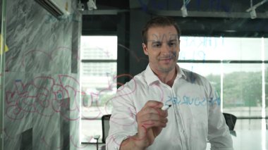 Akıllı iş adamı cam tahtanın önünde bir proje başlatmayı düşünüyor. Gülümseyen erkek proje yöneticisi yaratıcılık pazarlama stratejisini gösteren renkli yapışkan notlara bakıyor. Yönlendirici.