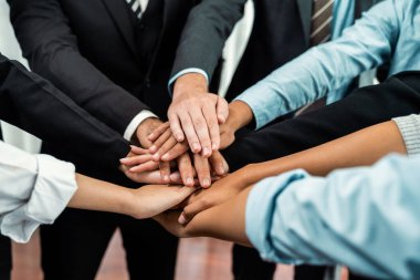 Çok ırklı iş adamları toplantı odasında iş birliği ya da şirket çalışanları için takım oluşturma amacıyla bir araya toplanıyorlar. Çok titiz.