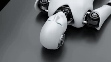 Yatakta yatan fütürist robot, siyah arka planda yapay zeka CGI. Robot Adam 3D canlandırma .