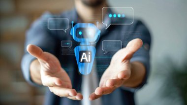 Yapay zeka sanal asistanı Chatbot ile yapay zeka konsepti ile insan etkileşimi, yapay zeka mühendisliği, LLM yapay zeka derin öğrenimi iş desteği için üretken yapay zeka kullanımı. FaaS