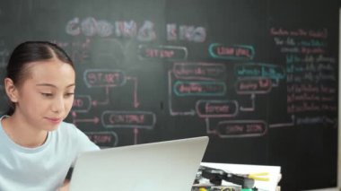 Kara tahtada dizüstü bilgisayar kullanarak akıllı kız programlama sistemi. Lise öğrencisi mühendislik kodları yazıyor ya da STEM teknoloji sınıfındaki kameraya bakarken bir şey söylüyor. Yaratıcı eğitim. Öğretim