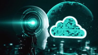 AI robot huminoid uses cloud computing technology to store data on online server . Futuristic concept of cloud information storage analyzed by machine learning process . 3D rendering .