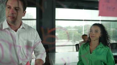 Yetenekli işadamı, cam duvara renkli yapışkan notlar yapıştırarak proje yöneticisine pazarlama fikrini sundu. Proje yöneticisi yatırımcıya projeyi gösteriyor, anlatıyor, gösteriyor. Yönlendirici.