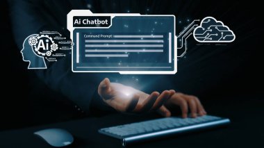 Yapay zeka sanal asistanı Chatbot ile yapay zeka konsepti ile insan etkileşimi, yapay zeka mühendisliği, LLM yapay zeka derin öğrenimi iş desteği için üretken yapay zeka kullanımı. Kullanıcı Kimliği