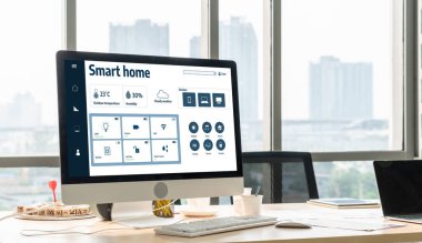 Smart home technology, centric remote control system with digital dashboard for air conditioning, safety security network or house automation. App software, ui panel programming IOT monitor snugly