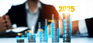 New Year 2025 Concept for Financial Growth and Investment Strategies in a Modern Office Setting Depicting New Year 2025 Business Plans and Business Outlooks clipart