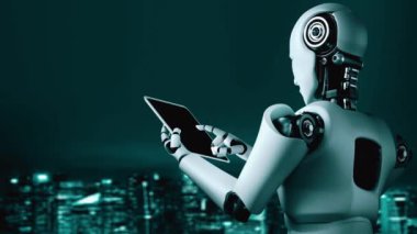 Future financial technology controll by AI robot huminoid uses machine learning and artificial intelligence to analyze business data and give advice on investment and trading decision . 3D rendering .