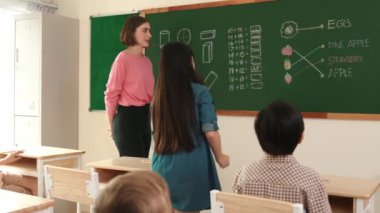 Akıllı beyaz kız elini kaldırdı ve tahtaya cevap yazmak için gönüllü oldu. Öğretmen soruyu cevaplamak için gönüllü isterken mutlu tatlı öğrenci de soruyu cevaplayacak ve koltuğuna geri dönecek. Pedagoji.