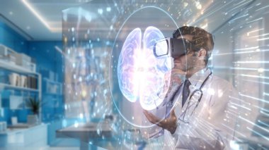 Smart doctor with VR glasses standing while looking and checking at brain hologram. Skilled medical worker diagnosis symptom while using virtual reality technology and analyzing symptom. Apparatus. clipart