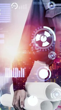 Gelecekteki bina inşaatı ve HUD hologram grafik tasarımı ile yaratıcı mühendislik projesi konsepti. İnşaat mühendisi, mimar ya da inşaat işçisi modern sivil teknoloji ile çalışıyor..