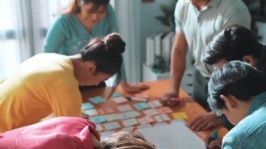 Beyin fırtınası yapmak için zihin haritasını kullanarak geliştirici ekibi kapatın. Kaliteli iş adamlarının üst düzey görüşü, kalemler ve yapışkan notlar kullanarak birlikte pazarlama stratejisi yazmalarıdır. Sempozyum.