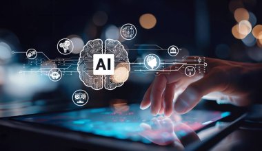 Yapay zeka mühendisliği, büyük veri ve yapay zeka makinesi kavramında yapay zeka beyin işlemcisiyle iş desteği için üretken yapay zeka kullanmayı öğrenen insan etkileşimi. EIDE