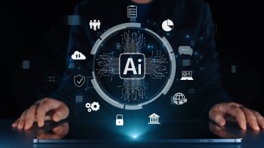 Yapay zeka mühendisliği, büyük veri ve yapay zeka makinesi kavramında yapay zeka beyin işlemcisiyle iş desteği için üretken yapay zeka kullanmayı öğrenen insan etkileşimi. Kullanıcı Kimliği