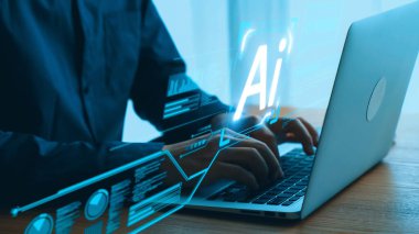 Yapay zeka sanal asistanı Chatbot ile yapay zeka konsepti ile insan etkileşimi, yapay zeka mühendisliği, LLM yapay zeka derin öğrenimi iş desteği için üretken yapay zeka kullanımı. Kullanıcı Kimliği