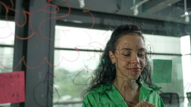 Genç İspanyol çalışanlar renkli yapışkan notlar yazıyorlar. Akıllı iş kadını pazarlama fikrini, beyin fırtınası stratejisini, iş planını paylaşıyor. Proje yöneticisi zihin haritası çiziyor. - Yakın çekim. Yönlendirici.