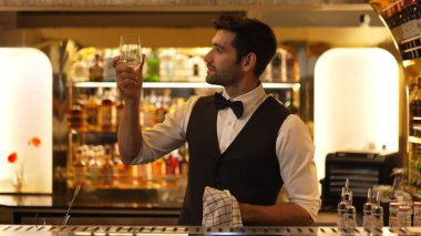 İyi görünümlü, gülümseyen, bardaki lüks içki tezgahında cam silen barmen profili. Bar gece kulübünde sıcak karşılayan profesyonel barmen kostümünü poz vermek için kameraya bakıyor. Vinosity.