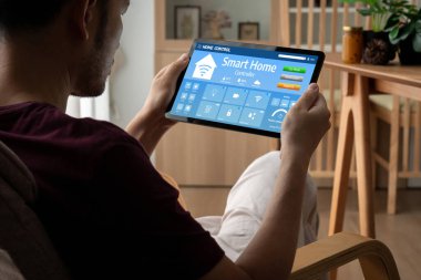 Smart home technology, centric remote control system with digital dashboard for air conditioning, safety security network or house automation. App software, ui panel programming IOT monitor snugly