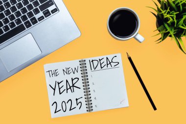 2025 Happy New Year Resolution Goal List and Plans Setting - Business office desk with notebook written about plan listing of new year goals and resolutions setting. Change and elation concept. clipart