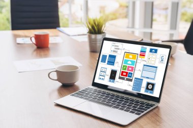 Model mobil uygulama ve web sitesi için UX UI tasarım süreci. Profesyonel uygulama geliştiricisi için kablo grafiğinin yaratıcı prototipi .